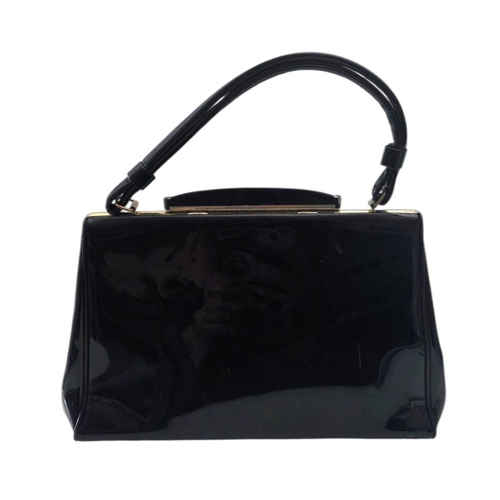 Vintage Spilene Black Patent Frame Handbag 1950s Shiny Purse Top Handle Art Deco